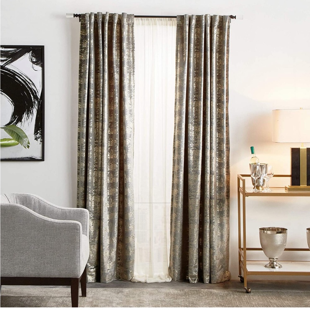 4 panels Martha Stewart Monroe Gold Metallic Gray Velvet TWO Pairs